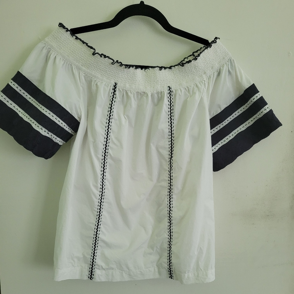 Tory Burch White and Navy Ruffled Blouse